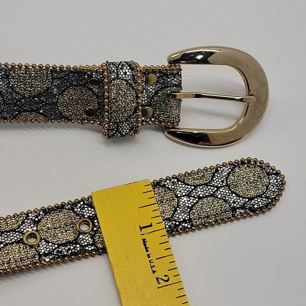 Vtg ELITE Dress Belt Women Sz Small Gold Silver Black Mix Bead Edge Brass Buckle